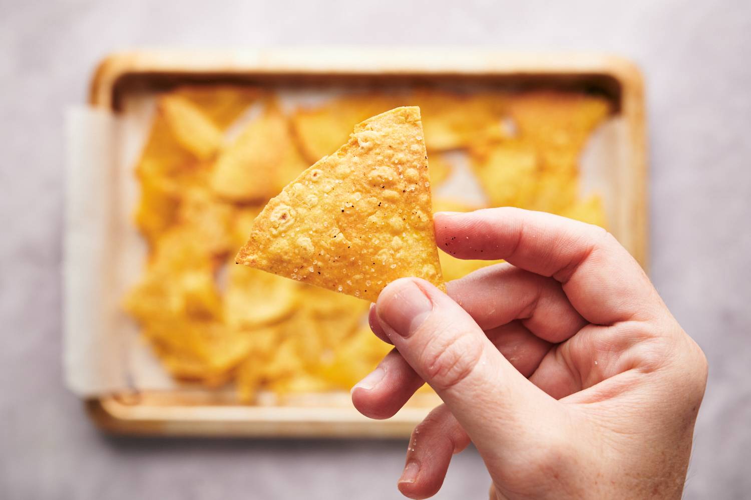 Hand holding up a crispy baked tortilla chip with salt and chili powder.