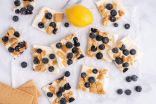 Blueberry Lemon Frozen Yogurt Bark with Graham Crackers on a White Board