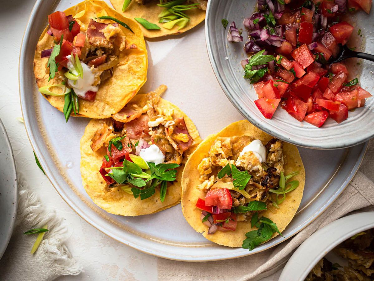 Delicious Breakfast Tacos on a Plate with a Side of Tomato Salsa