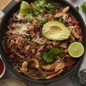 Chicken burrito bowls with chicken breast, peppers tomatoes, black bean, rice topped with avocado and cilantro.