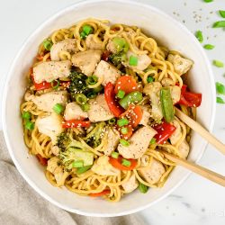 Chicken chow mein with chicken breast, noodles, and veggies in a savory chow mien sauce.