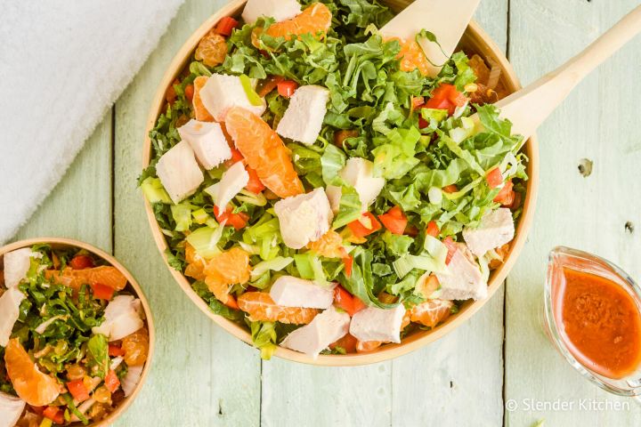 Mandarin chicken salad with Romaine, chicken breast, mandarin oranges, red pepper, and sesame dressing.