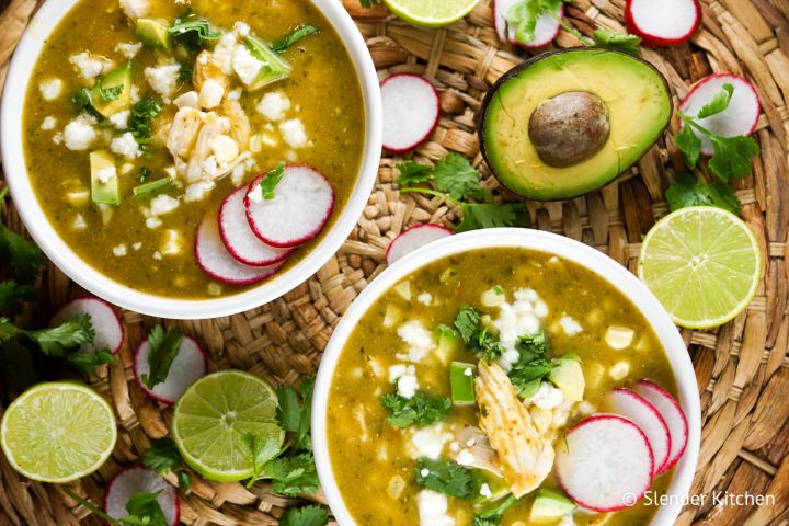 Chicken tortilla soup with fresh corn, cilantro, avocado, and queso fresco/