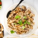 Greek chicken shredded on a plate with oregano, parsley, lemon, pita bread, and cucumber tomato salad.