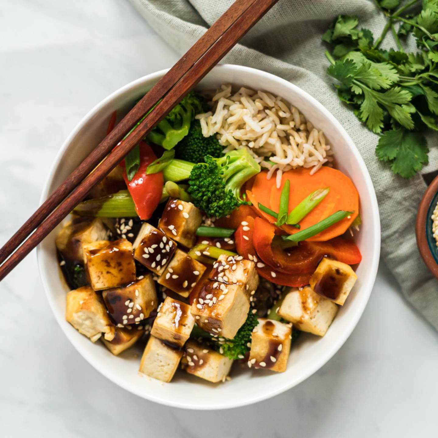 Hoisin tofu with broccoli, carrots, peppers, and green onions over brown rice with hoisin sauce drizzled on top.