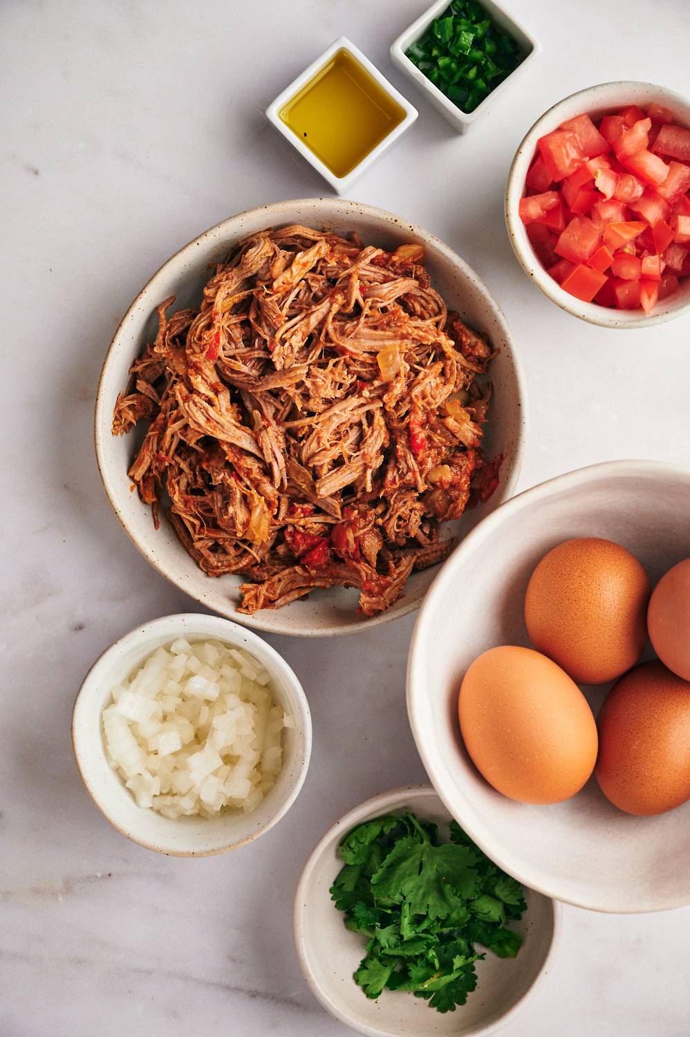 Ingredients for machaca con huevo including homemade machaca, eggs, onion, cilantro, jalapeno, and Roma tomatoes.