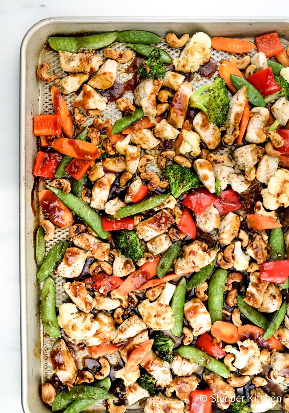 Cashew Chicken with Vegetables made on a sheet pan.