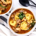 Spinach tortellini soup in a bowl with ground turkey, spinach, white beans, and tomatoes in a white bowl.