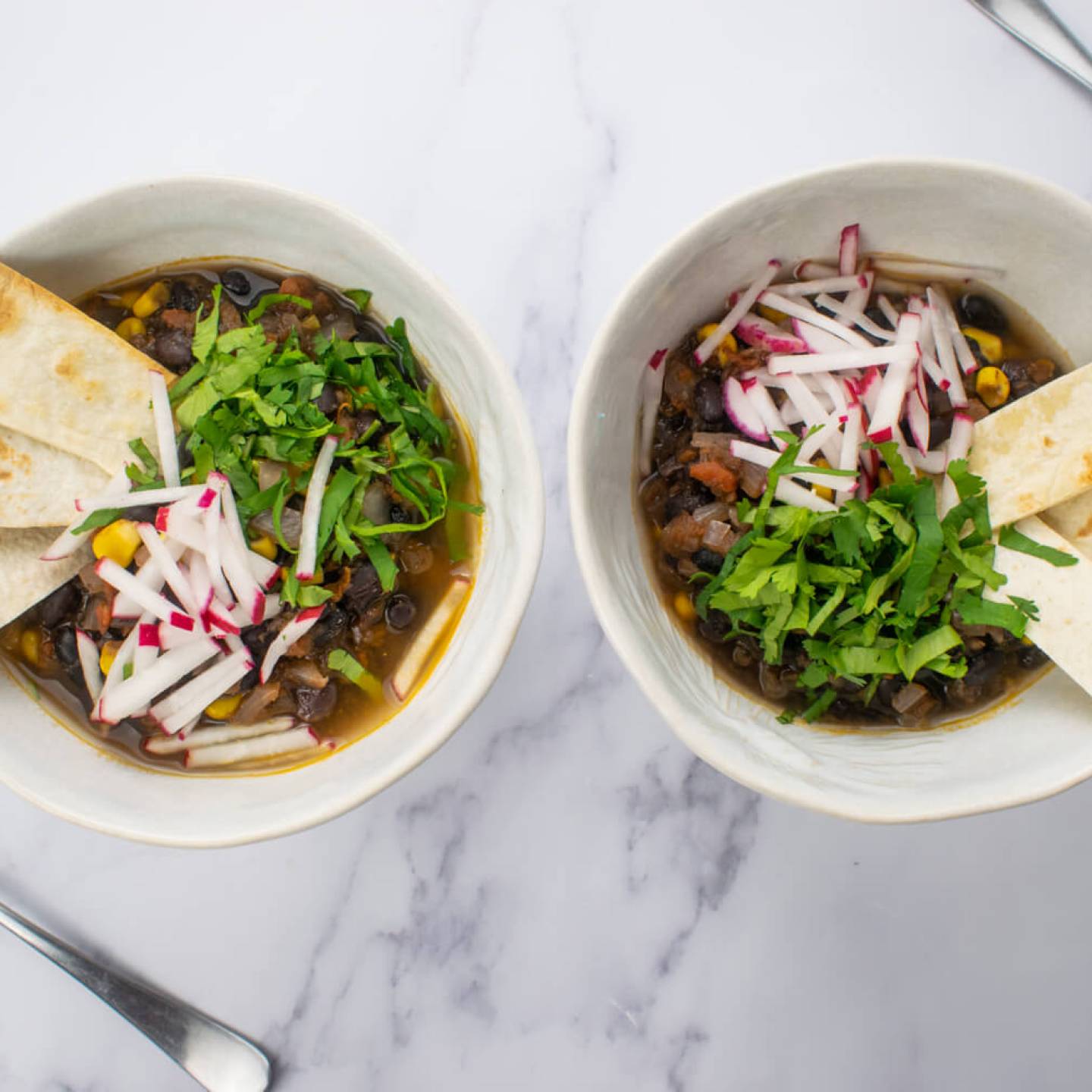 Vegetarian tortilla soup with radishes and cilantro on top with crispy tortilla strips.