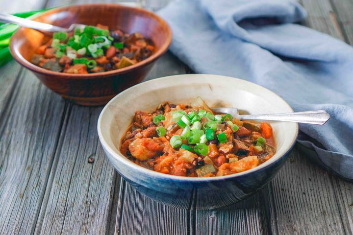 Turkey sweet potato chili in a bowl with cilantro